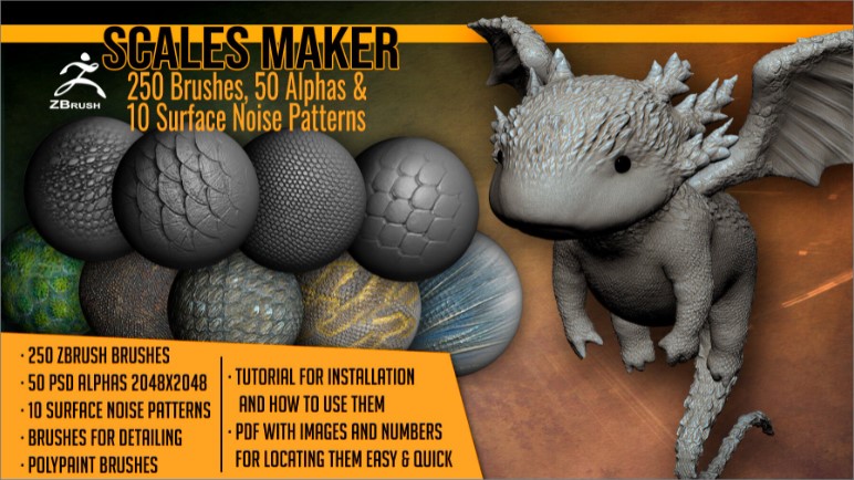 ArtStation Marketplace – Scales Maker: 250 ZBrush Brushes, 50 Alphas, and 10 Surface Patterns (Premium)